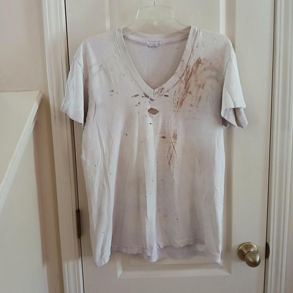 VTG 90s Hanes Single Stitch Thin Thrashed Plain White V-Neck T-shirt L Grunge